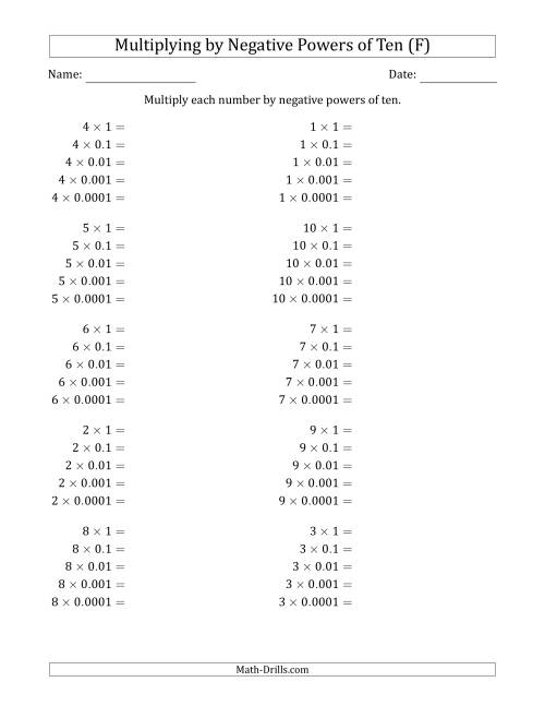 The Learning to Multiply Numbers (Range 1 to 10) by Negative Powers of Ten in Standard Form (F) Math Worksheet