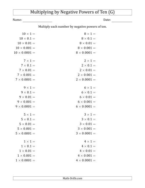 The Learning to Multiply Numbers (Range 1 to 10) by Negative Powers of Ten in Standard Form (G) Math Worksheet