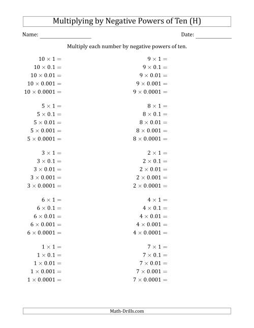 The Learning to Multiply Numbers (Range 1 to 10) by Negative Powers of Ten in Standard Form (H) Math Worksheet