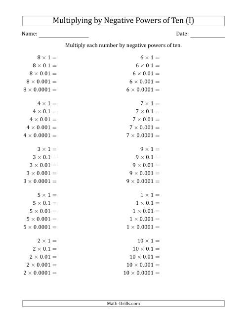 The Learning to Multiply Numbers (Range 1 to 10) by Negative Powers of Ten in Standard Form (I) Math Worksheet