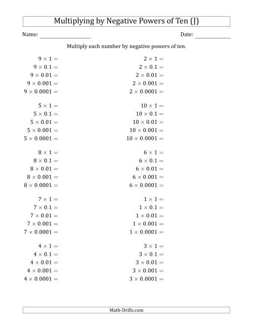 The Learning to Multiply Numbers (Range 1 to 10) by Negative Powers of Ten in Standard Form (J) Math Worksheet