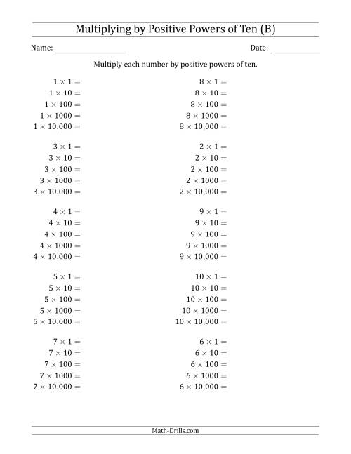The Learning to Multiply Numbers (Range 1 to 10) by Positive Powers of Ten in Standard Form (B) Math Worksheet