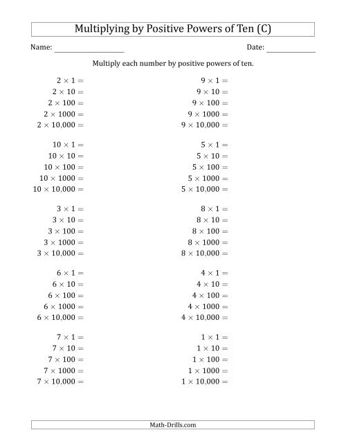 The Learning to Multiply Numbers (Range 1 to 10) by Positive Powers of Ten in Standard Form (C) Math Worksheet