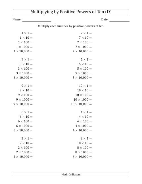 The Learning to Multiply Numbers (Range 1 to 10) by Positive Powers of Ten in Standard Form (D) Math Worksheet