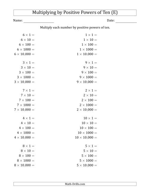 The Learning to Multiply Numbers (Range 1 to 10) by Positive Powers of Ten in Standard Form (E) Math Worksheet