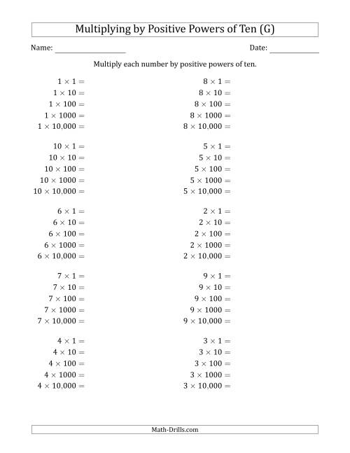 The Learning to Multiply Numbers (Range 1 to 10) by Positive Powers of Ten in Standard Form (G) Math Worksheet