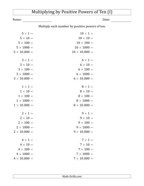 The Learning to Multiply Numbers (Range 1 to 10) by Positive Powers of Ten in Standard Form (I) Math Worksheet