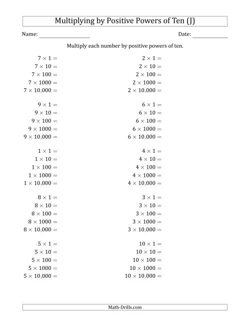The Learning to Multiply Numbers (Range 1 to 10) by Positive Powers of Ten in Standard Form (J) Math Worksheet