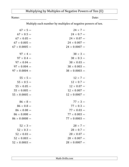 The Learning to Multiply Numbers (Range 10 to 99) by Multiples of Negative Powers of Ten in Standard Form (E) Math Worksheet