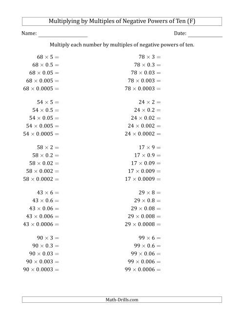 The Learning to Multiply Numbers (Range 10 to 99) by Multiples of Negative Powers of Ten in Standard Form (F) Math Worksheet