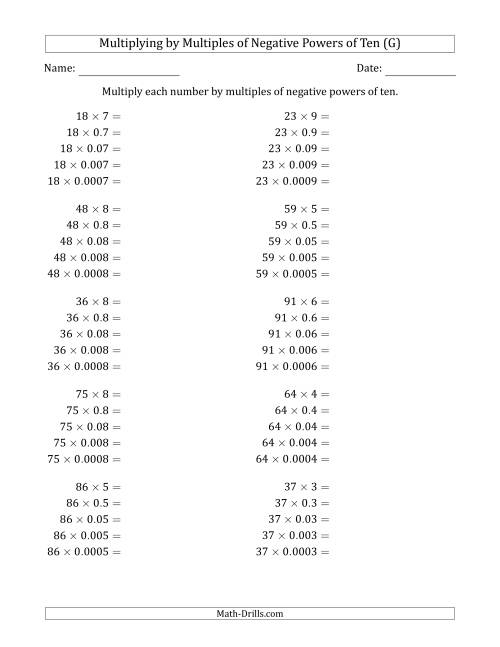 The Learning to Multiply Numbers (Range 10 to 99) by Multiples of Negative Powers of Ten in Standard Form (G) Math Worksheet