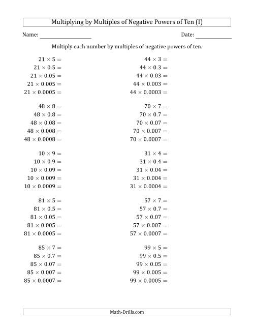The Learning to Multiply Numbers (Range 10 to 99) by Multiples of Negative Powers of Ten in Standard Form (I) Math Worksheet