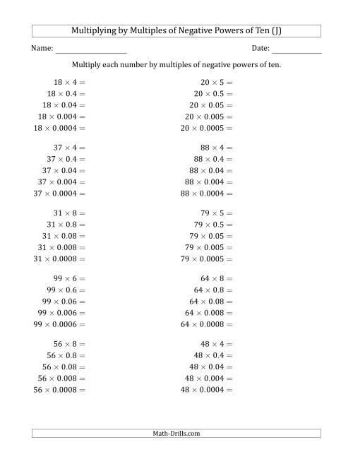 The Learning to Multiply Numbers (Range 10 to 99) by Multiples of Negative Powers of Ten in Standard Form (J) Math Worksheet
