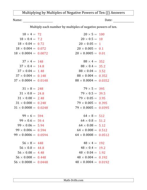 The Learning to Multiply Numbers (Range 10 to 99) by Multiples of Negative Powers of Ten in Standard Form (J) Math Worksheet Page 2