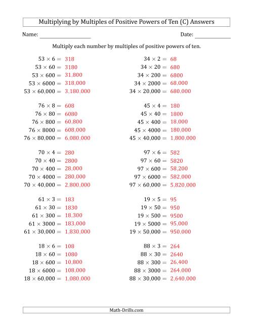 The Learning to Multiply Numbers (Range 10 to 99) by Multiples of Positive Powers of Ten in Standard Form (C) Math Worksheet Page 2