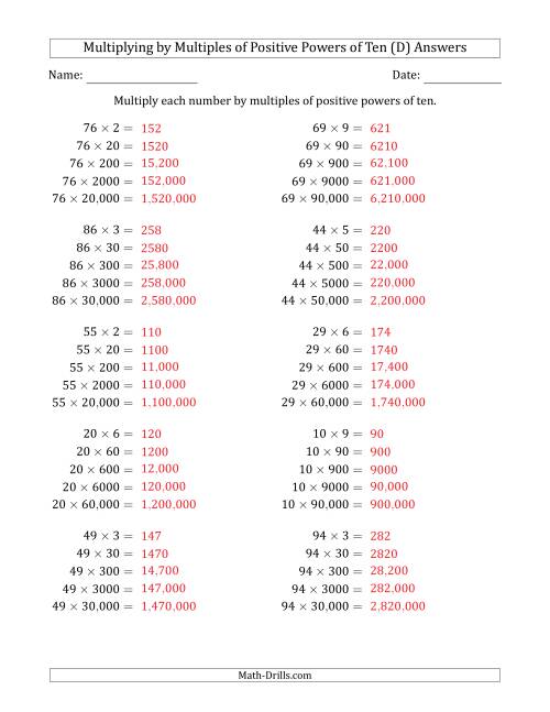 The Learning to Multiply Numbers (Range 10 to 99) by Multiples of Positive Powers of Ten in Standard Form (D) Math Worksheet Page 2