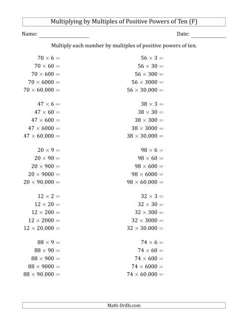 The Learning to Multiply Numbers (Range 10 to 99) by Multiples of Positive Powers of Ten in Standard Form (F) Math Worksheet