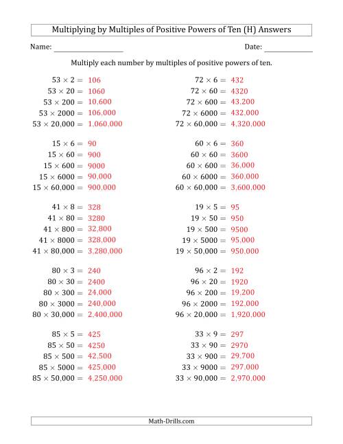 The Learning to Multiply Numbers (Range 10 to 99) by Multiples of Positive Powers of Ten in Standard Form (H) Math Worksheet Page 2