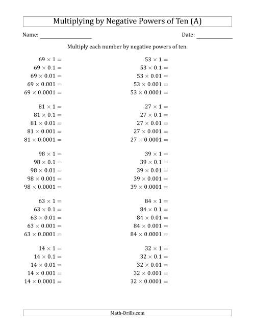 The Learning to Multiply Numbers (Range 10 to 99) by Negative Powers of Ten in Standard Form (A) Math Worksheet