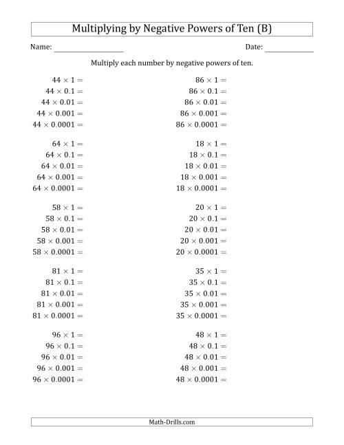 The Learning to Multiply Numbers (Range 10 to 99) by Negative Powers of Ten in Standard Form (B) Math Worksheet