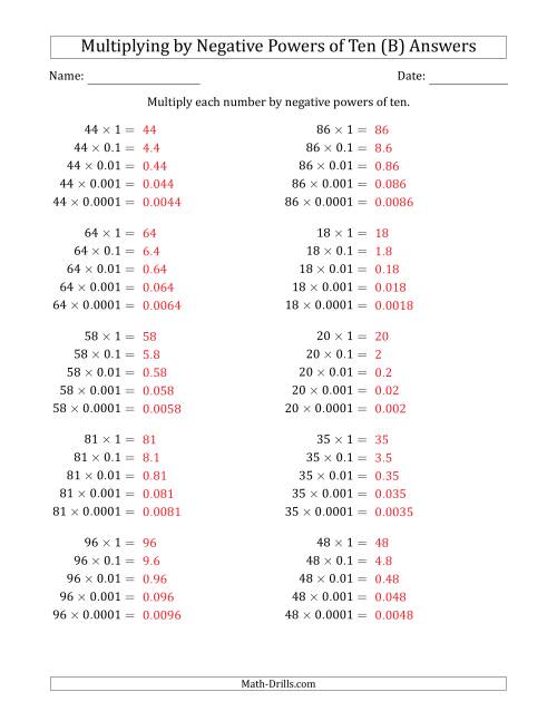 The Learning to Multiply Numbers (Range 10 to 99) by Negative Powers of Ten in Standard Form (B) Math Worksheet Page 2