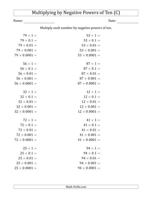 The Learning to Multiply Numbers (Range 10 to 99) by Negative Powers of Ten in Standard Form (C) Math Worksheet