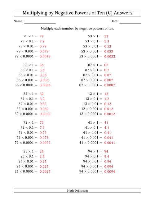 The Learning to Multiply Numbers (Range 10 to 99) by Negative Powers of Ten in Standard Form (C) Math Worksheet Page 2