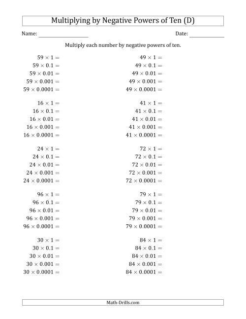 The Learning to Multiply Numbers (Range 10 to 99) by Negative Powers of Ten in Standard Form (D) Math Worksheet