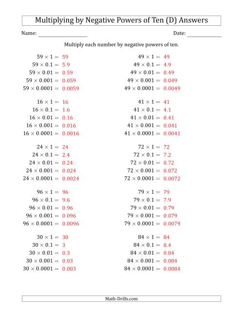 The Learning to Multiply Numbers (Range 10 to 99) by Negative Powers of Ten in Standard Form (D) Math Worksheet Page 2