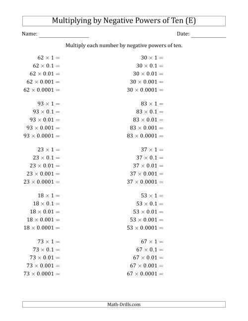 The Learning to Multiply Numbers (Range 10 to 99) by Negative Powers of Ten in Standard Form (E) Math Worksheet