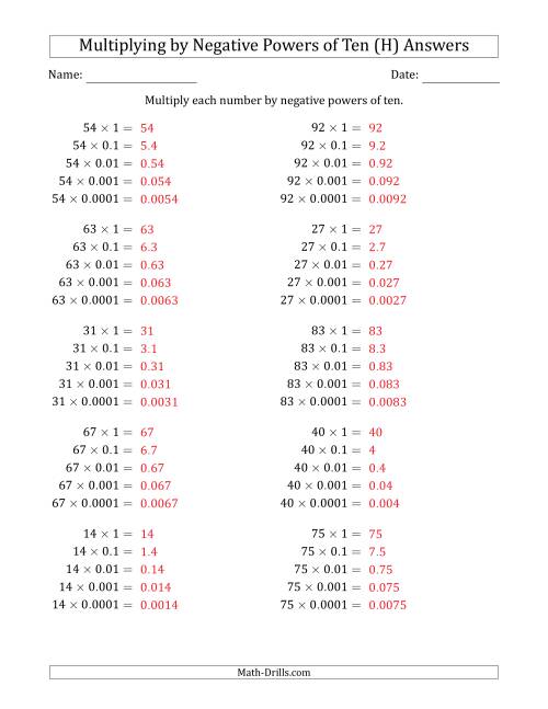 The Learning to Multiply Numbers (Range 10 to 99) by Negative Powers of Ten in Standard Form (H) Math Worksheet Page 2