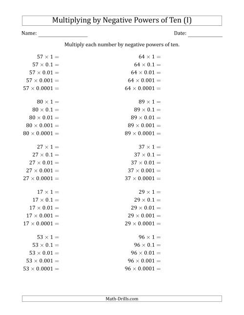 The Learning to Multiply Numbers (Range 10 to 99) by Negative Powers of Ten in Standard Form (I) Math Worksheet