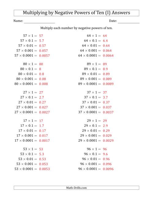 The Learning to Multiply Numbers (Range 10 to 99) by Negative Powers of Ten in Standard Form (I) Math Worksheet Page 2