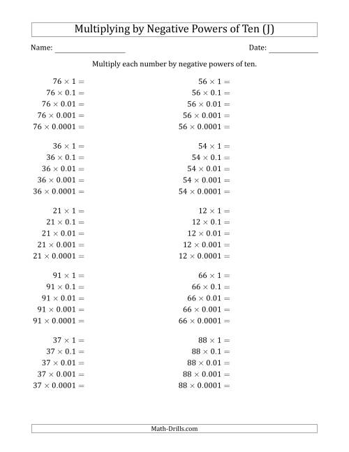 The Learning to Multiply Numbers (Range 10 to 99) by Negative Powers of Ten in Standard Form (J) Math Worksheet