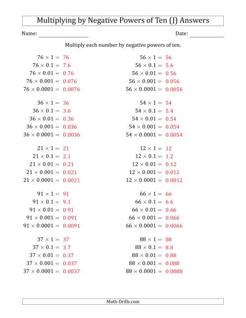The Learning to Multiply Numbers (Range 10 to 99) by Negative Powers of Ten in Standard Form (J) Math Worksheet Page 2