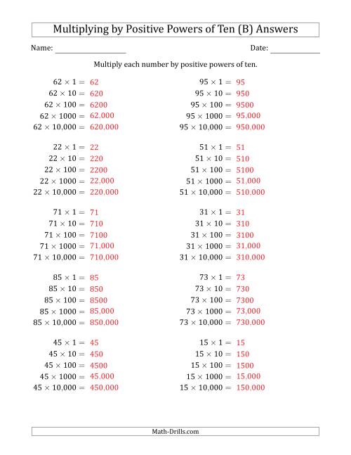 The Learning to Multiply Numbers (Range 10 to 99) by Positive Powers of Ten in Standard Form (B) Math Worksheet Page 2