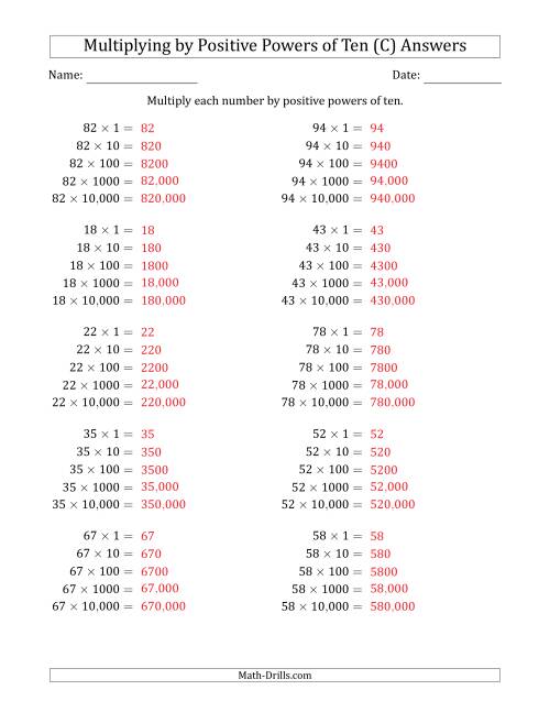 The Learning to Multiply Numbers (Range 10 to 99) by Positive Powers of Ten in Standard Form (C) Math Worksheet Page 2