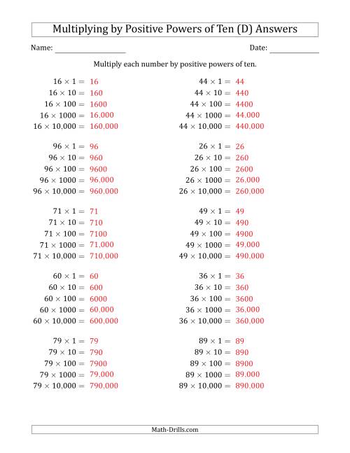 The Learning to Multiply Numbers (Range 10 to 99) by Positive Powers of Ten in Standard Form (D) Math Worksheet Page 2