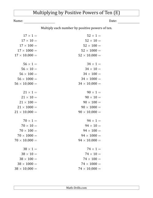 The Learning to Multiply Numbers (Range 10 to 99) by Positive Powers of Ten in Standard Form (E) Math Worksheet