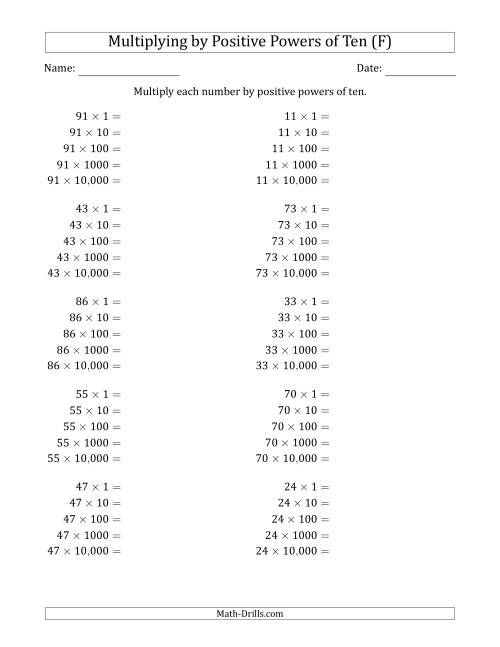 The Learning to Multiply Numbers (Range 10 to 99) by Positive Powers of Ten in Standard Form (F) Math Worksheet