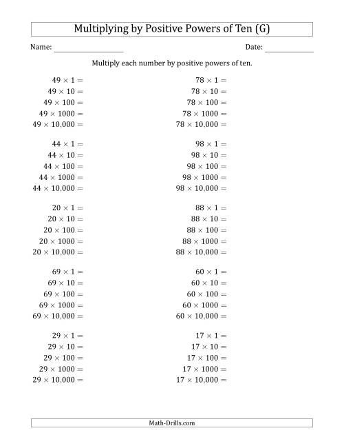 The Learning to Multiply Numbers (Range 10 to 99) by Positive Powers of Ten in Standard Form (G) Math Worksheet
