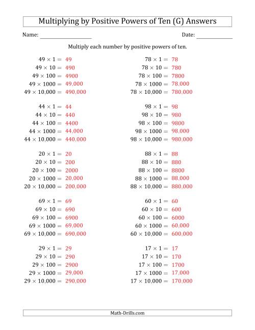 The Learning to Multiply Numbers (Range 10 to 99) by Positive Powers of Ten in Standard Form (G) Math Worksheet Page 2