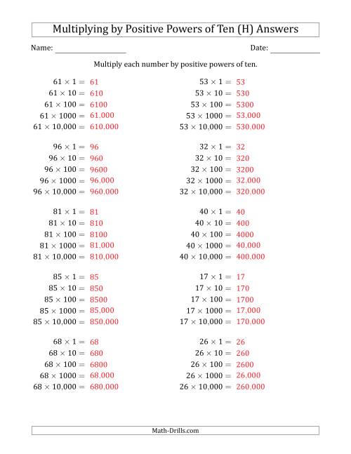 The Learning to Multiply Numbers (Range 10 to 99) by Positive Powers of Ten in Standard Form (H) Math Worksheet Page 2