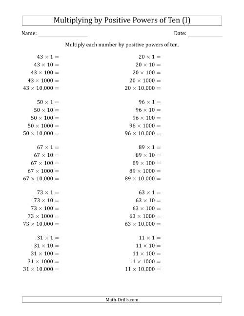 The Learning to Multiply Numbers (Range 10 to 99) by Positive Powers of Ten in Standard Form (I) Math Worksheet