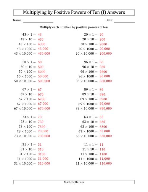 The Learning to Multiply Numbers (Range 10 to 99) by Positive Powers of Ten in Standard Form (I) Math Worksheet Page 2