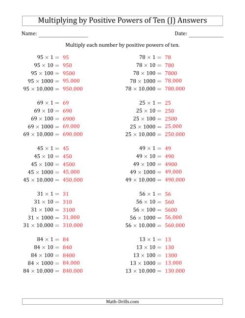 The Learning to Multiply Numbers (Range 10 to 99) by Positive Powers of Ten in Standard Form (J) Math Worksheet Page 2