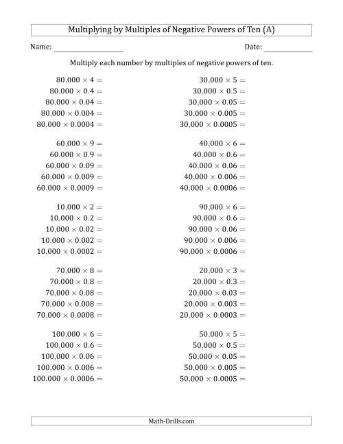 The Learning to Multiply Numbers (Range 1 to 10) by Multiples of Negative Powers of Ten in Standard Form (Whole Number Answers) (A) Math Worksheet