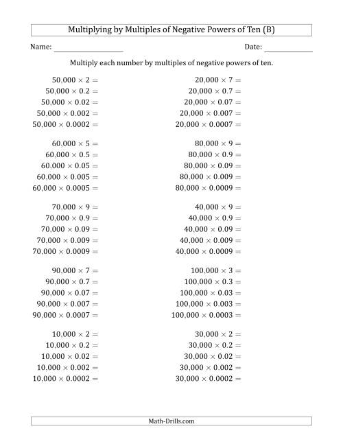 The Learning to Multiply Numbers (Range 1 to 10) by Multiples of Negative Powers of Ten in Standard Form (Whole Number Answers) (B) Math Worksheet