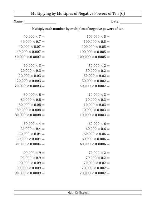 The Learning to Multiply Numbers (Range 1 to 10) by Multiples of Negative Powers of Ten in Standard Form (Whole Number Answers) (C) Math Worksheet