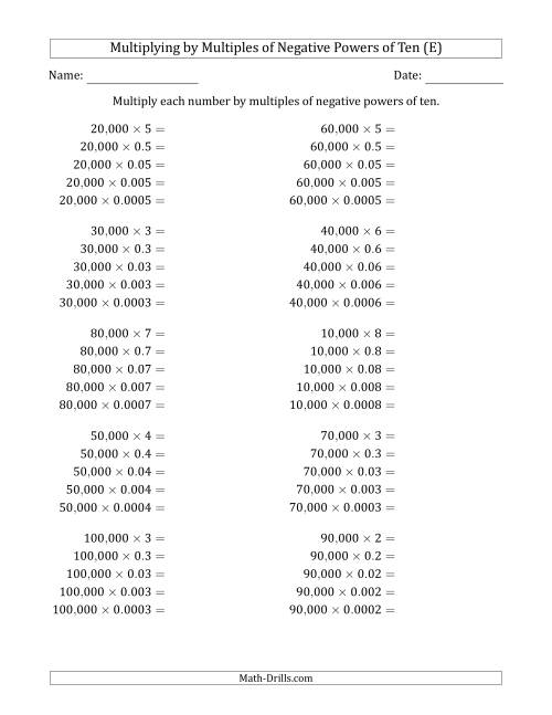 The Learning to Multiply Numbers (Range 1 to 10) by Multiples of Negative Powers of Ten in Standard Form (Whole Number Answers) (E) Math Worksheet